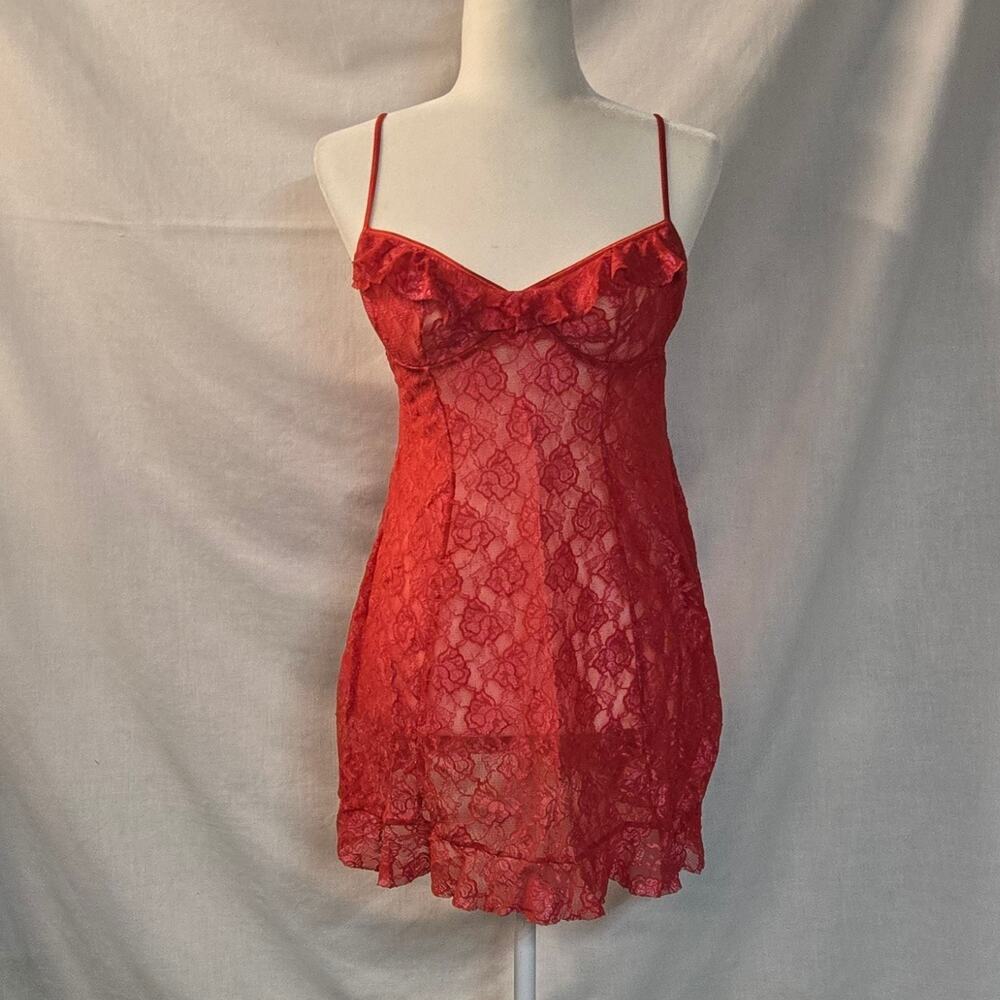 Inner Secrets Sheer Red Lace Chemise Coquette Babydoll Lingerie Ruffles Size M